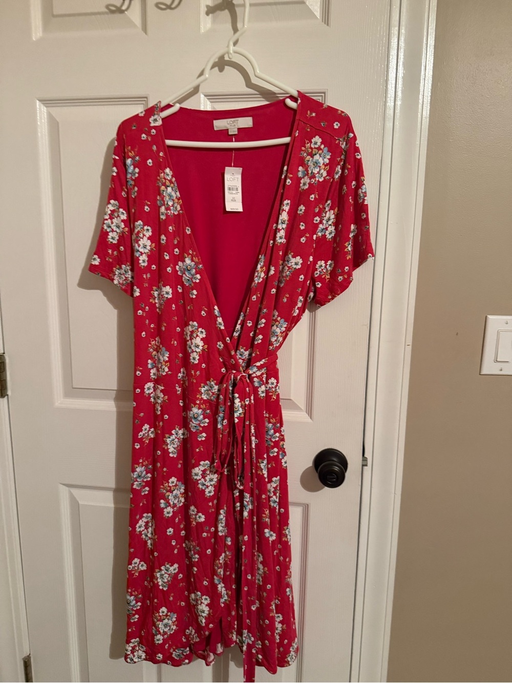LOFT Red Floral Wrap Midi Dress